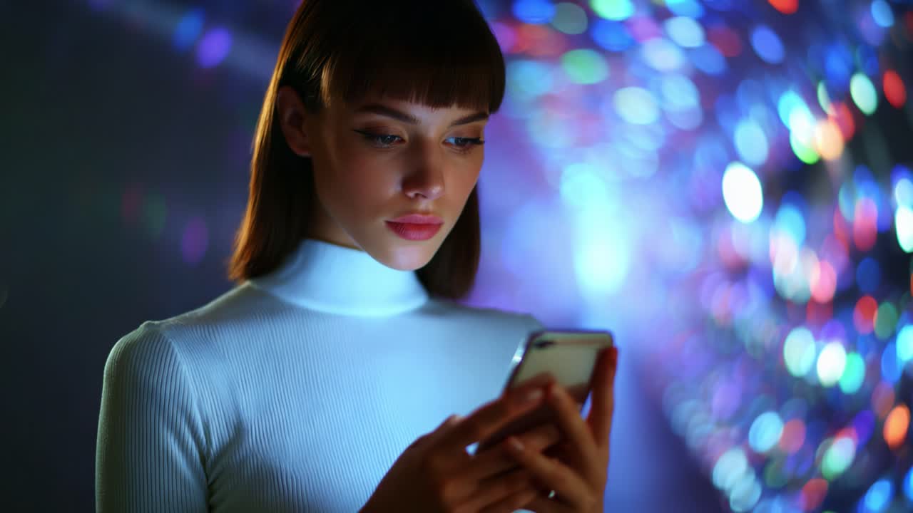 Una giovane donna fissa intensamente il suo smartphone sullo sfondo vivace di luci bokeh soffuse, mostrando una combinazione di colori che crea un'atmosfera ipnotica e accattivante di tecnologia moderna e riflessione personale.