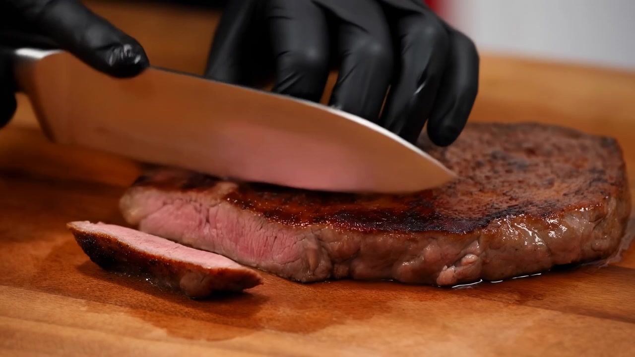 Mani guantate che affettano una bistecca scottata su un tagliere di legno, rivelando un centro rosa succoso e una crosta carbonizzata. Primo piano.