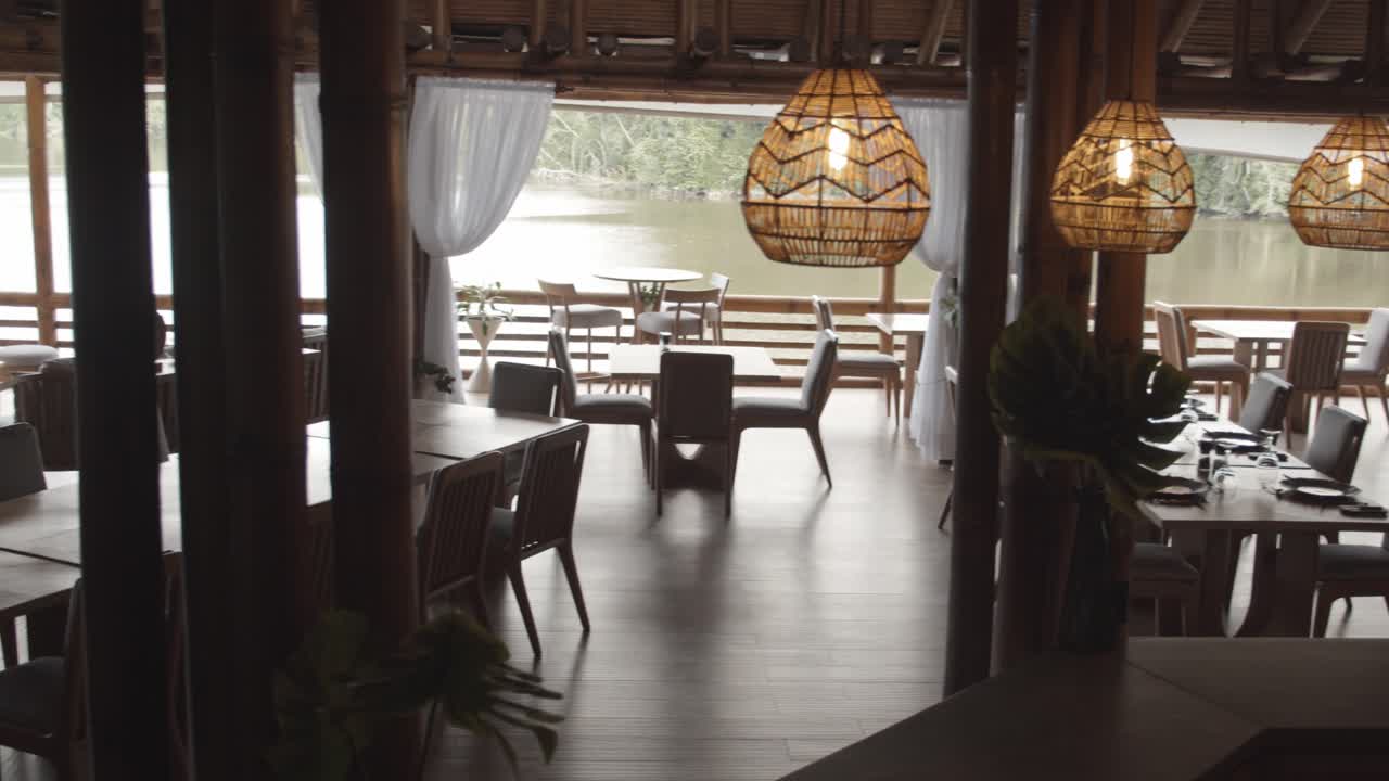 Lunch room where food is served in high end eco lodge in amazon rainforest in latin America