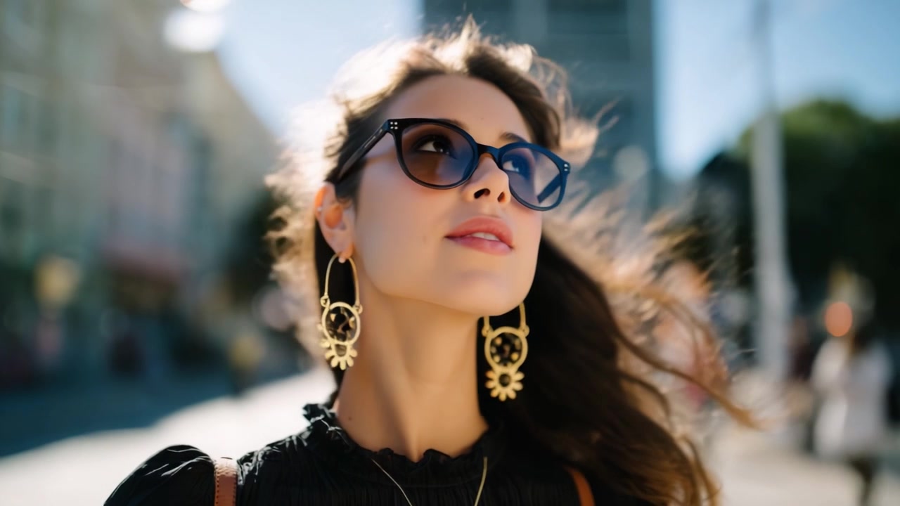 Donna affascinante con occhiali da sole e orecchini eleganti che si gode una giornata ventilata, irradiando sicurezza e stile con la luce del sole che ne esalta i lineamenti.