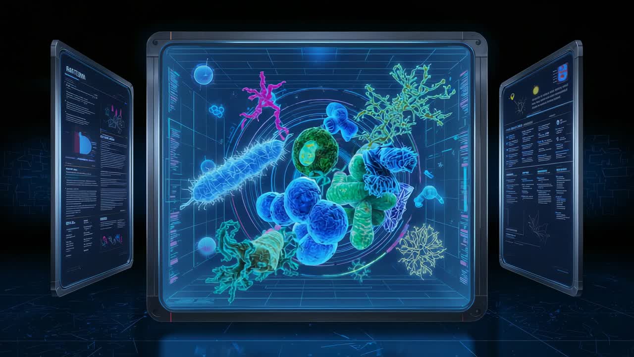 Spinning holographic display pulsing microbes and data panels on startup in dark lab for analysis