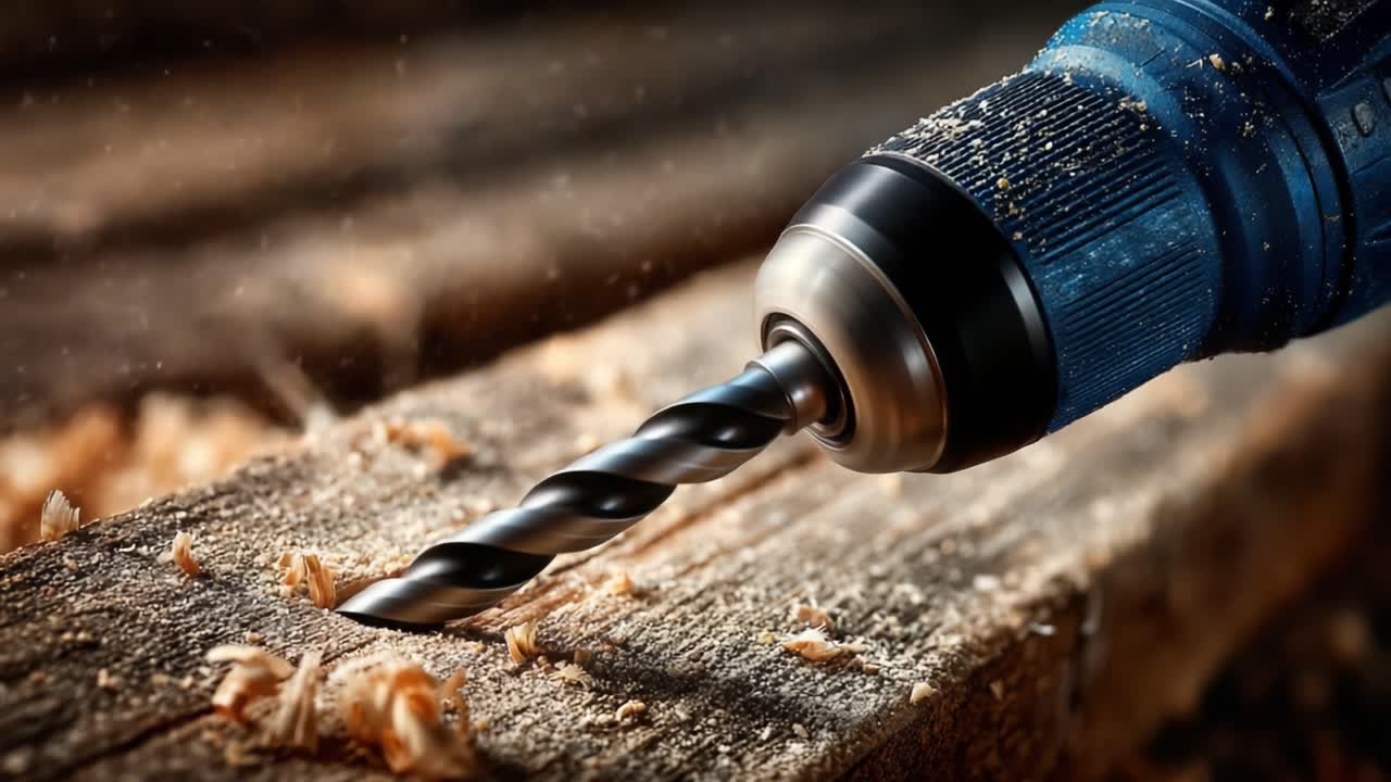 Un taladro de alta precisión en acción capturando virutas de madera durante el proceso de perforación con movimiento dinámico y un primer plano detallado de la broca y la superficie.