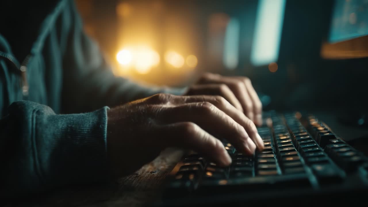 A Close-Up View of Hands Typing on a Keyboard in a Low-Light Setting, Highlighting the Intensity of Focus during a Digital Interaction