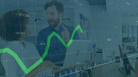 financial data graph animation over business people discussing in office