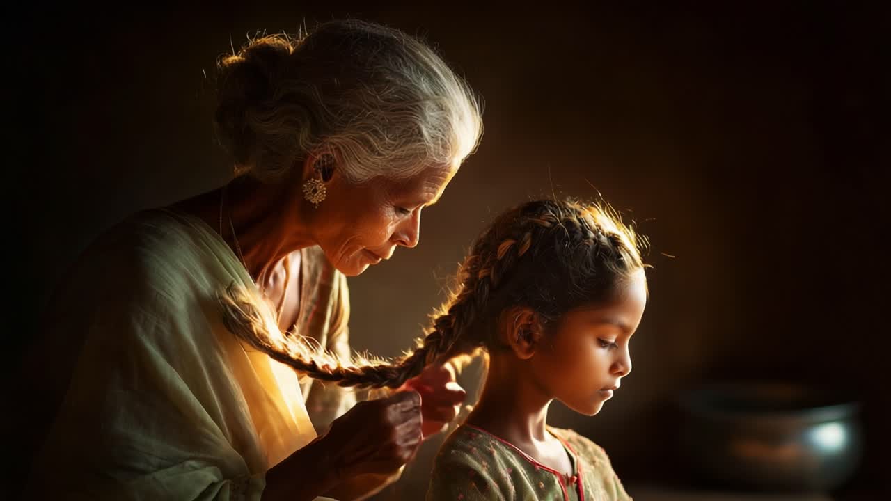 A Heartwarming Moment of Connection: An Elderly Woman Gently Braid the Hair of a Young Girl, Capturing Tradition, Love, and Generational Bonds in a Soft, Warm Light