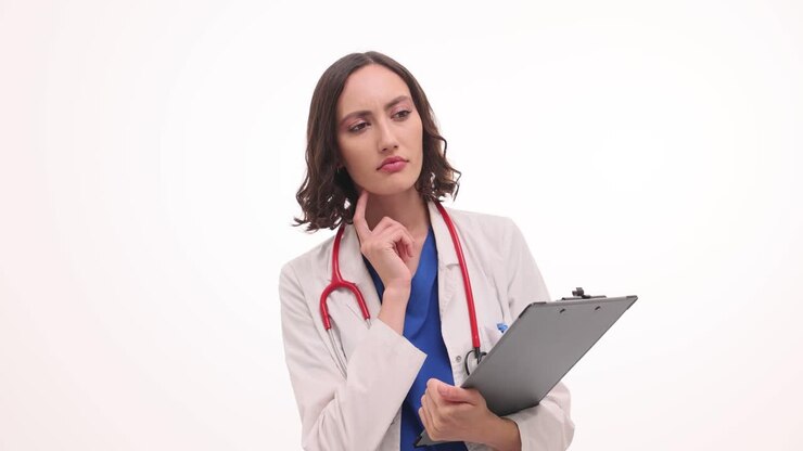 Female Doctor Thinking with Clipboard and Stethoscope on White Background