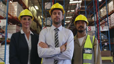 portrait of two managers and a warehouse worker 4k