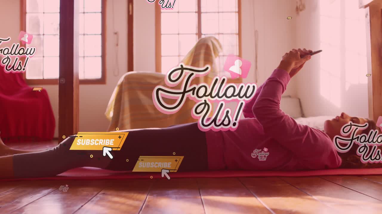 스마트 폰을 사용하여 운동하는 여성 위에 소셜 미디어 아이콘과 함께 우리를 따르는 텍스트의 애니메이션