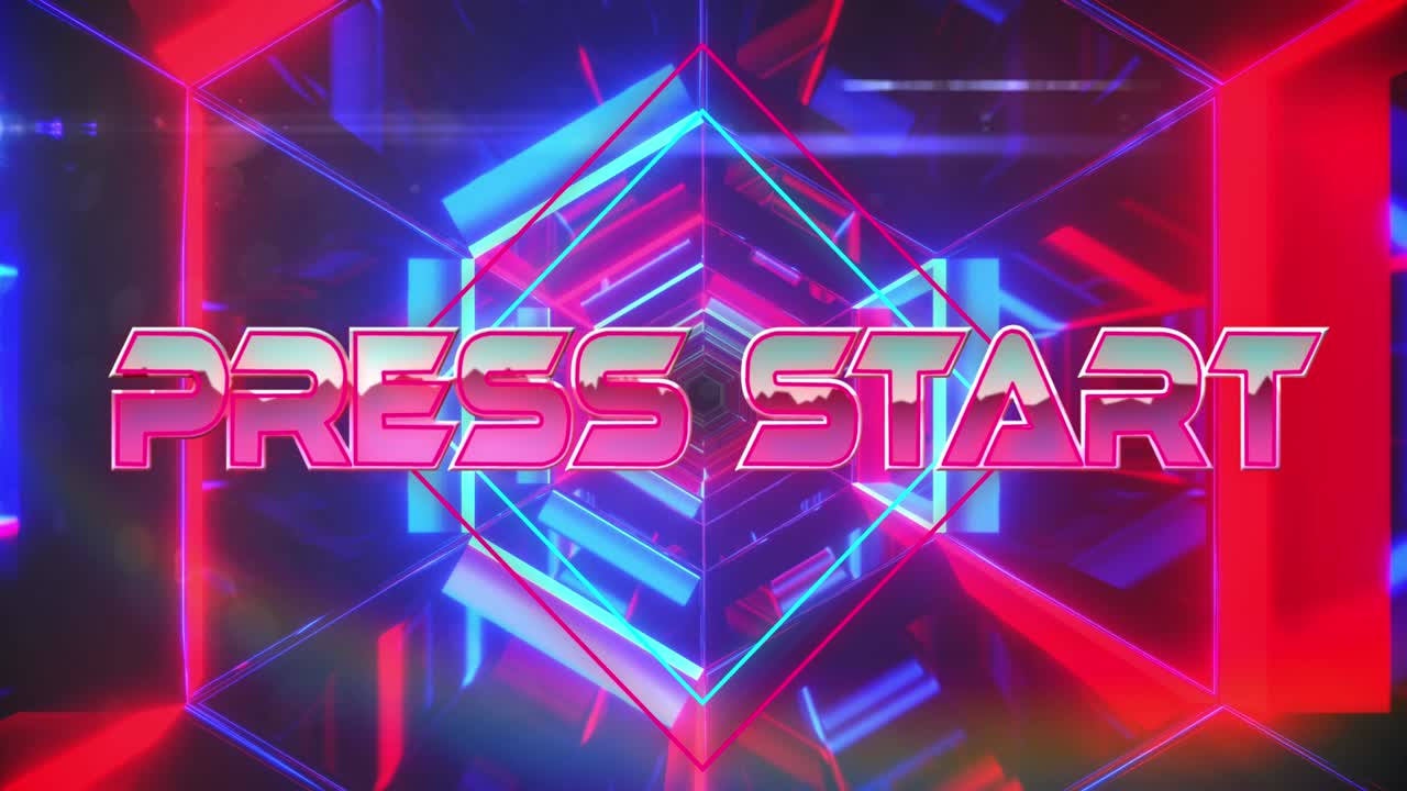 이동하는 디지털 터널 위에 프레스 시작 텍스트의 애니메이션