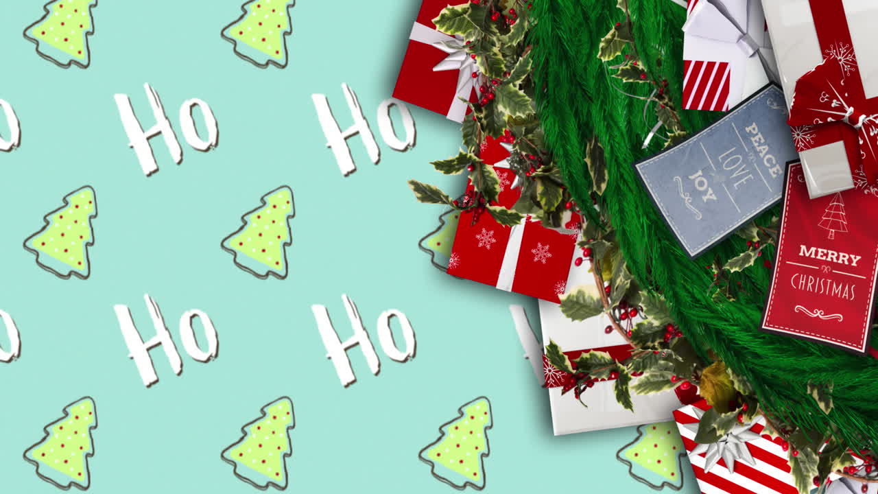 animación de ramas de abeto y regalos sobre texto ho ho