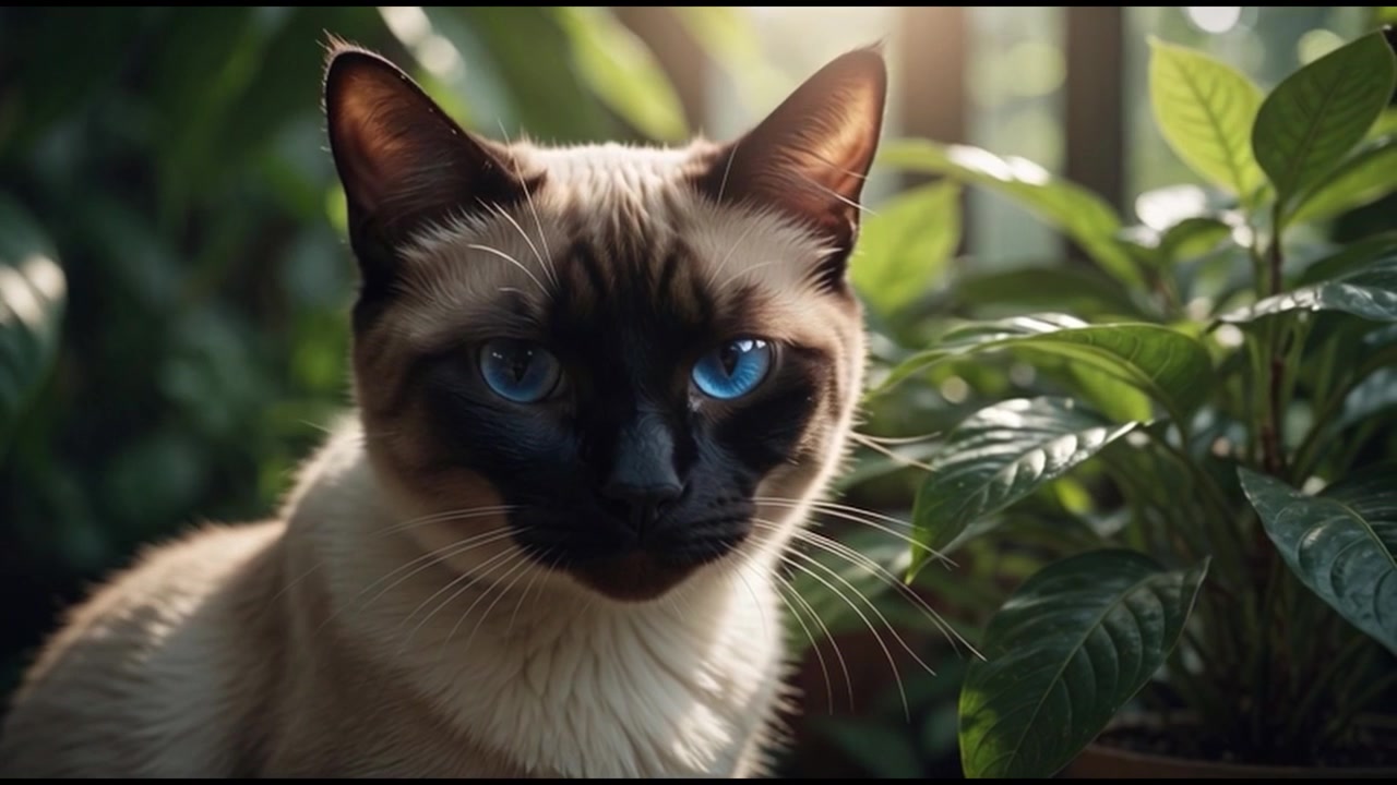 Gatto siamese con occhi azzurri brillanti seduto tra piante verdi