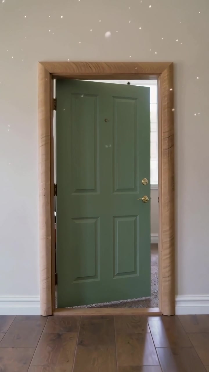 Video verticale: Persona non visibile che spinge una porta verde aperta in un corridoio, rivelando un tappeto e dei brillantini