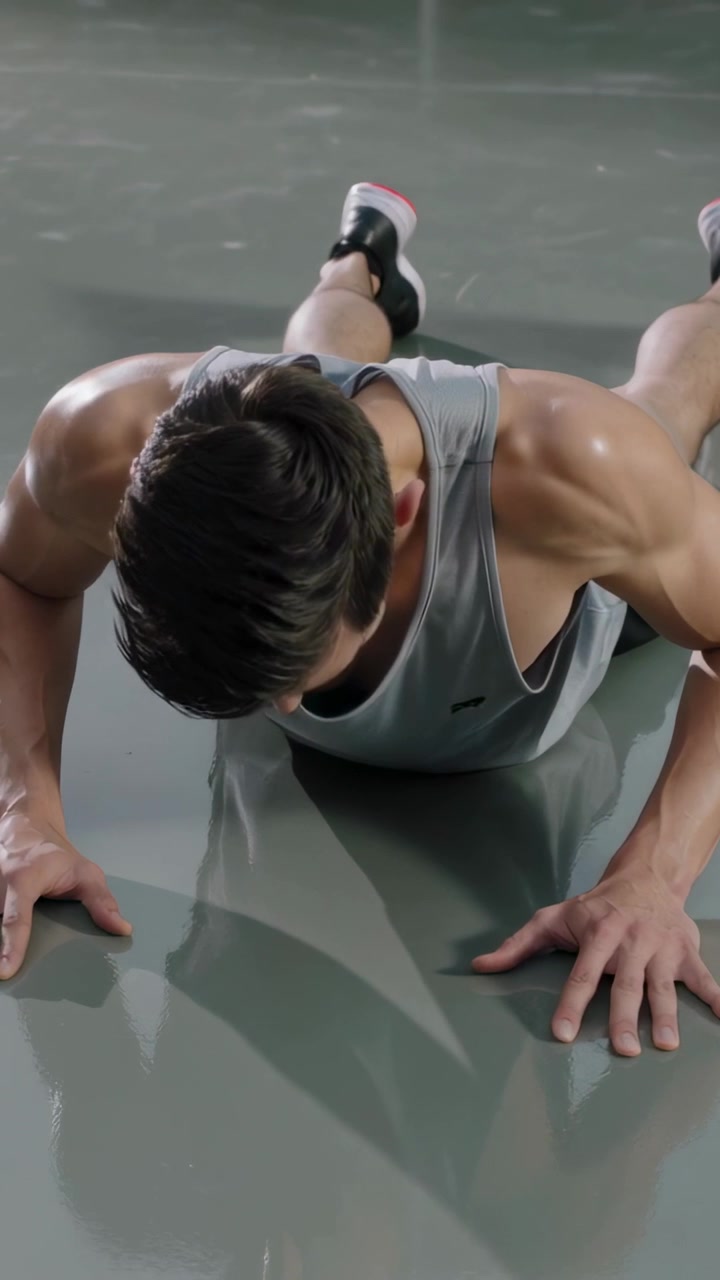 Video verticale: Uomo asiatico in canotta che esegue flessioni da una posizione di plank alto sul pavimento della palestra per allenare la forza.