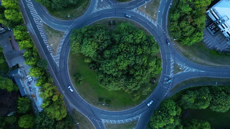 Aerial-drone-shot-of-a-UK-round-about-in-High-Wycombe,-England