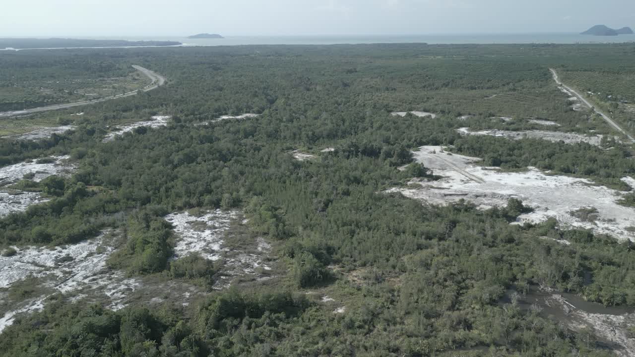 Splendida vista aerea da drone sull'autostrada Matang Fac. Questa strada porta alla strada costiera di Sempadi, di fronte alla foresta verde e al monte Serapi Kuching, Borneo