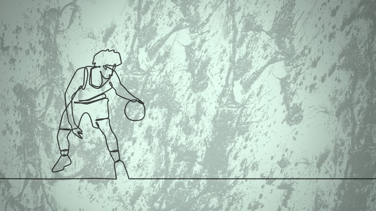 animación de dibujo de jugador de baloncesto masculino y formas en fondo blanco