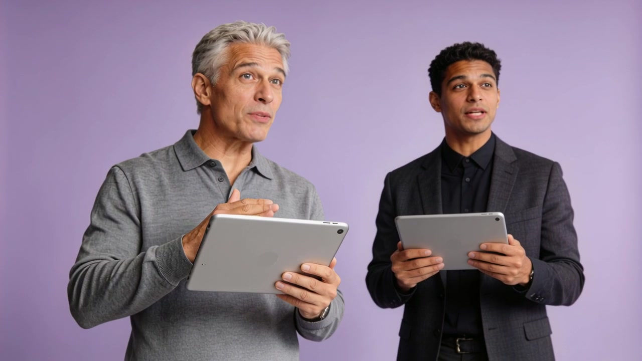 Leading senior glancing and talking in lavender set, holding tablets younger in dark suit replying