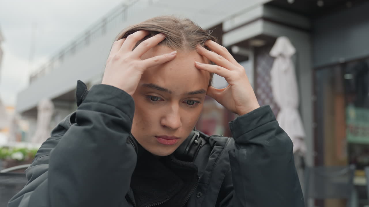 Молодая кавказская женщина в наушниках сидит на улице в кафе в тяжелом пальто, снимает наушники и прижимает руки к вискам, напряженное лицо и обеспокоенный взгляд, пасмурное небо, пустые зонтики на террасе, городской магазин