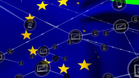 animation of network of connections with icons over flag of eu