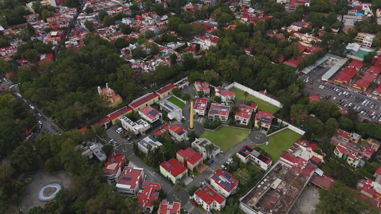Aerial footage of private residential zone with homes in Coyoacan, CDMX