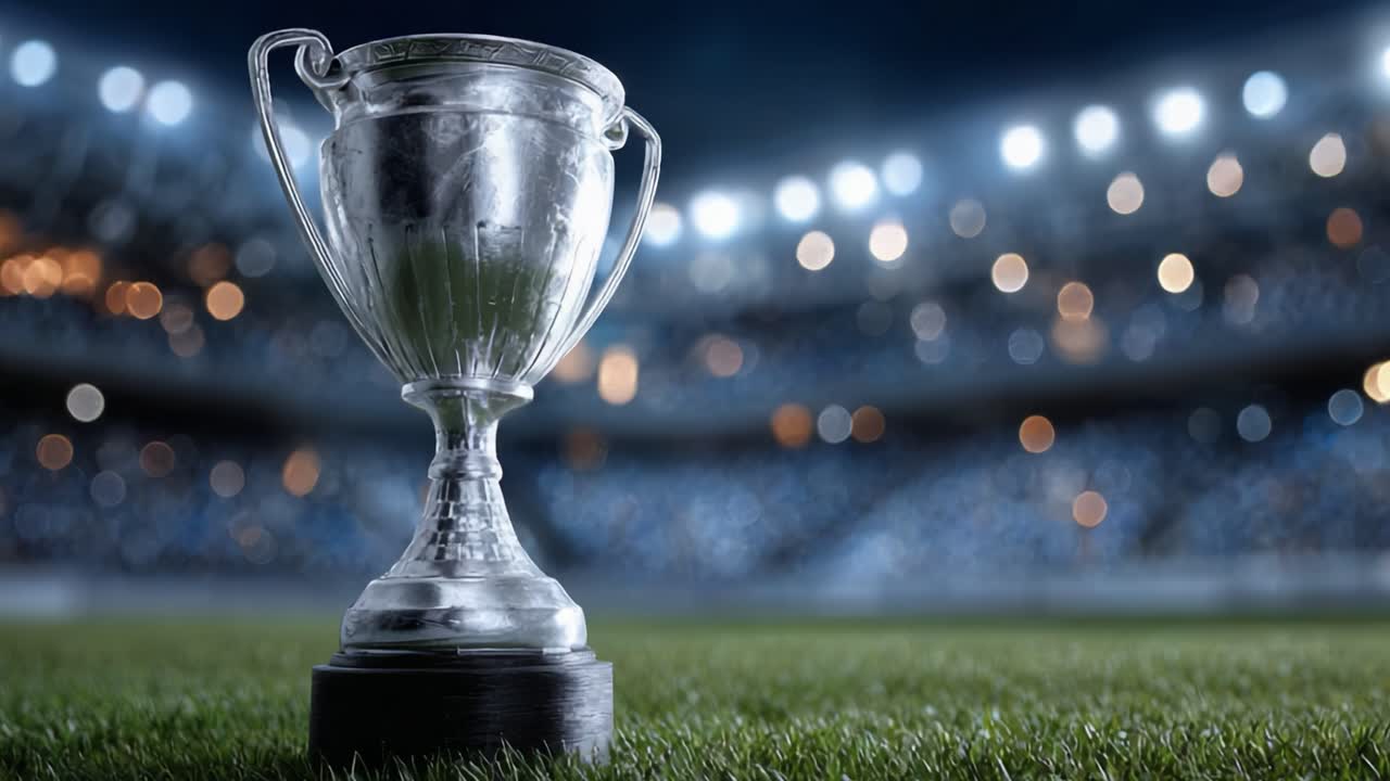 Glistening Trophy Set Against a Dramatic Background of a Dimly Lit Stadium, Symbolizing Victory and Achievement in Sports and Competitions
