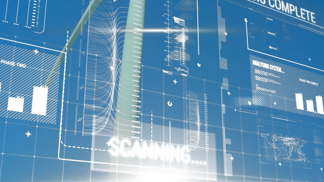 Animation showing futuristic data charts and graphs on blue background