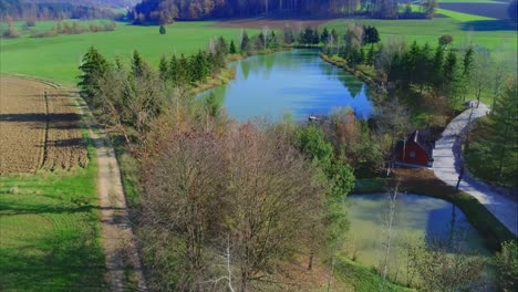 Flying-over-a-little-lake-surrounded-by-trees