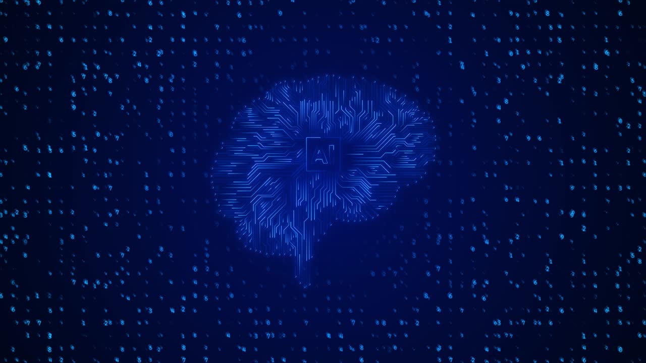 Glowing digital brain grid backdrop surrounded by moving binary digits depth of artificial