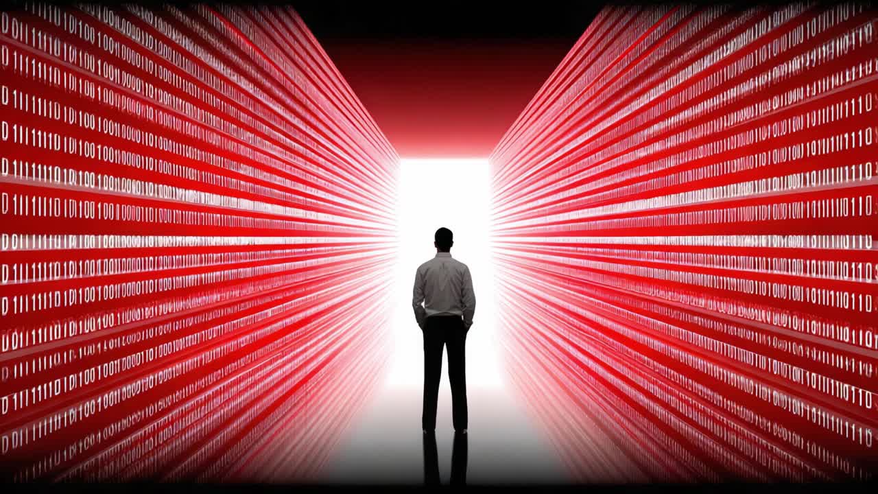 Cyber Awareness Journey: A Person Stands at the Intersection of Data and Technology, Surrounded by a Tunnel of Binary Code and Striking Red Walls, Envisioning Future Possibilities