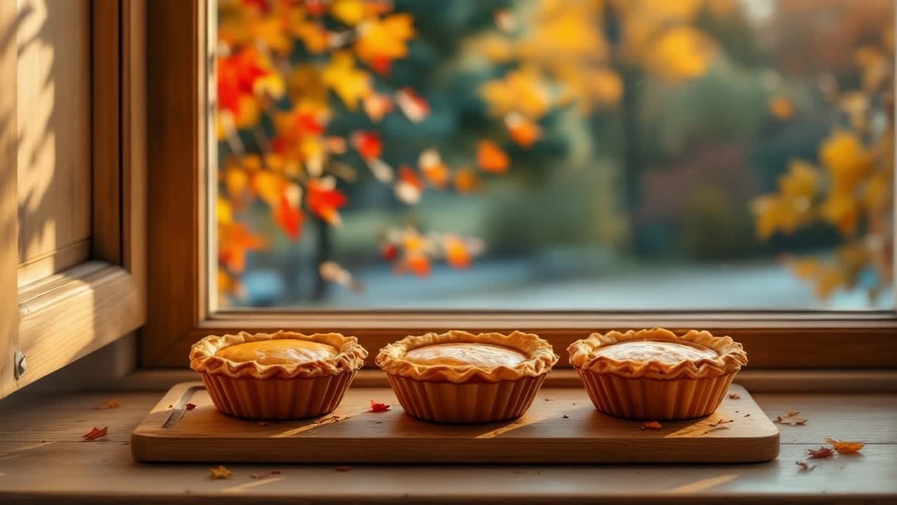 Three freshly baked tart desserts arranged on a wooden board, with autumn leaves visible through the window, creating a warm and inviting seasonal atmosphere