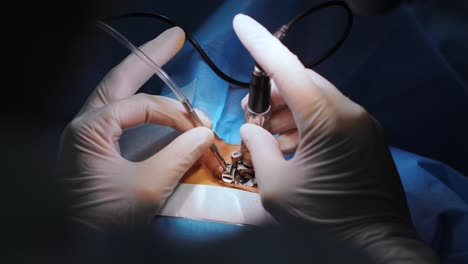 corrección de la visión con láser. un paciente y un equipo de cirujanos en la sala de operaciones durante una cirugía oftalmológica. especulo del párpado. tratamiento de lasik. paciente bajo una cubierta estéril