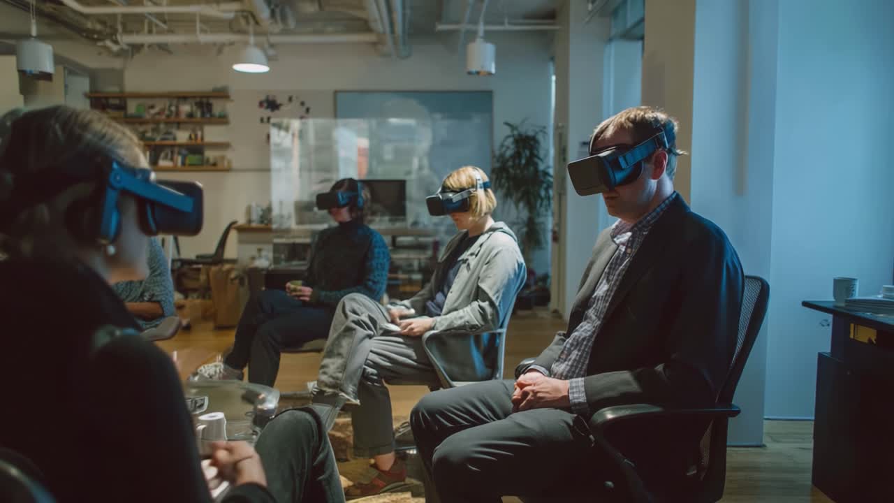 Group of Individuals Engaged in Virtual Reality Experience Inside Modern Office Space, Wearing VR Headsets, Immersed in Digital Environment, Exploring New Technologies and Interacting with Virtual Elements