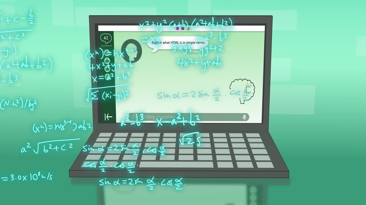 Animation of ai data, mathematical equations and icons on laptop screen on green background