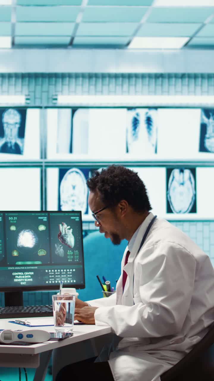 Physician explaining diagnostic report to woman patient in cabinet