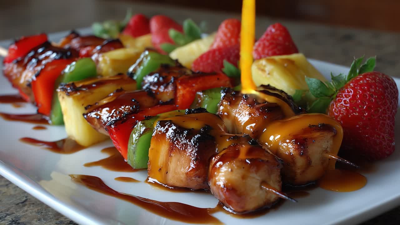 Delicious Skewered Chicken with Colorful Bell Peppers, Pineapple, and Strawberries Drizzled in Rich Sauce - A Feast for the Eyes and Taste Buds!