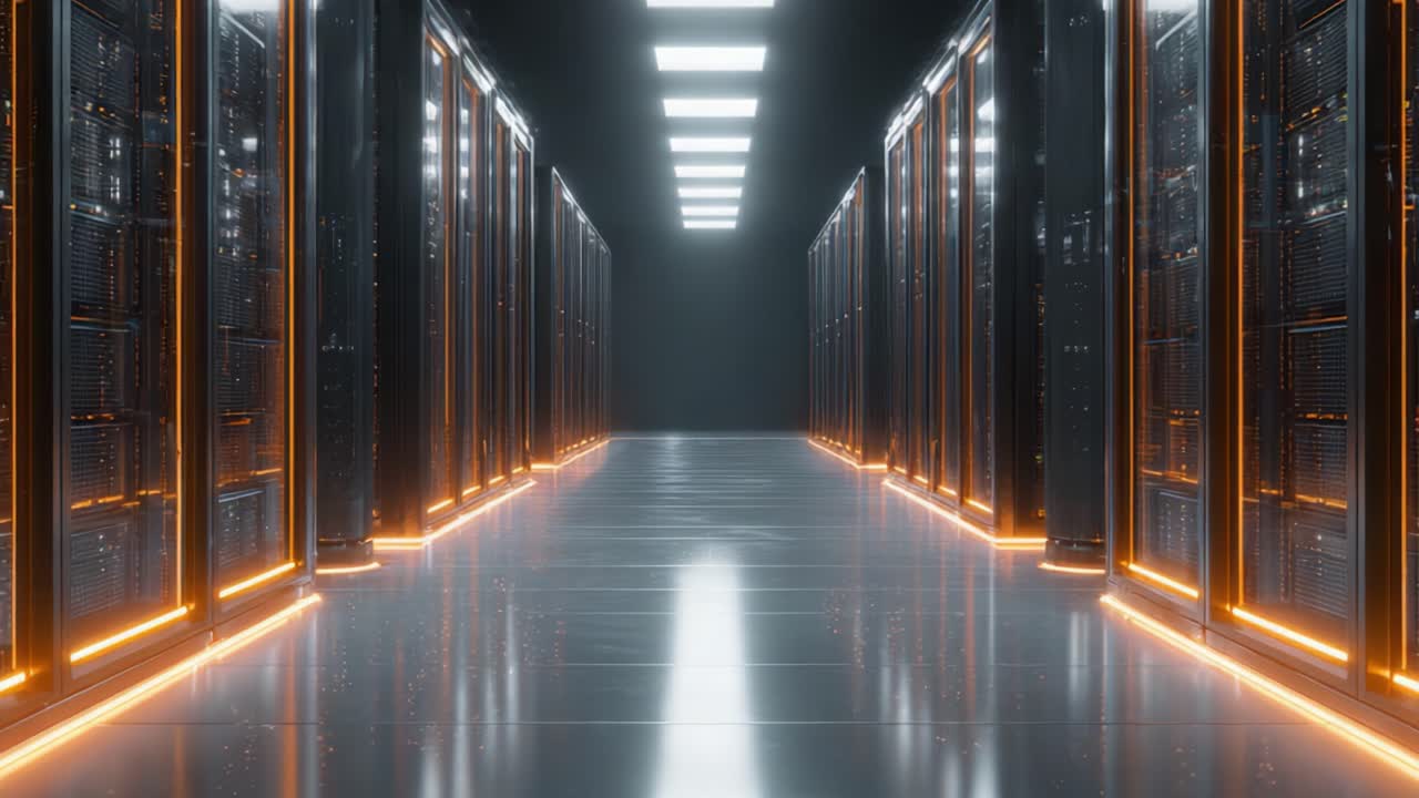 Akryl-gengivet datacenterskorridor, der viser rækker af elegante servere med oplyste kanter, som inkarnerer avanceret teknologi og futuristisk designæstetik i hele rummet.