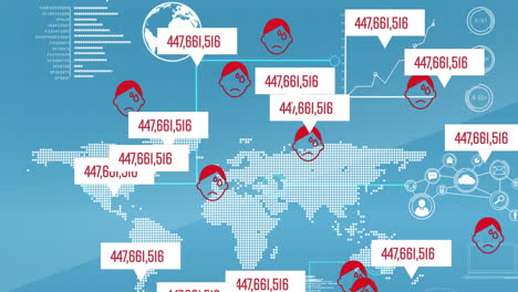 animación de rostros humanos volando y números en burbujas de habla blancas sobre el mapa del mundo