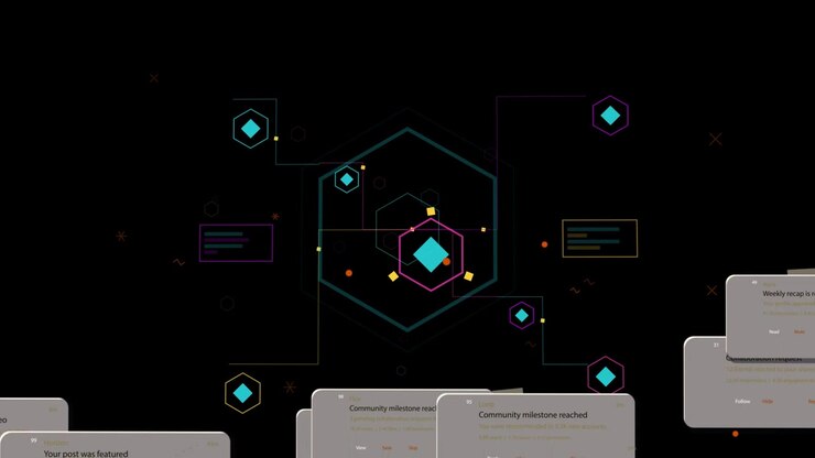 On new events, neon HUD pulsing, rotating while cards sliding up from bottom, showing growth