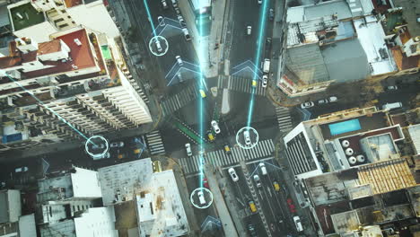 Aerial-top-down-of-autonomous-cars-driving-on-road-in-digital-city---Tracking-shot-of-vehicles-with-connection-lines-and-gps-signal---Buenos-Aires,Argentina