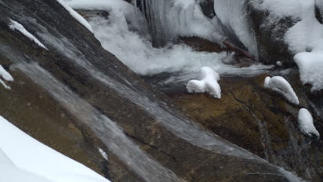 Water-cascades-off-frozen-waterfall-covered-in-snow,-close-up,-tilt