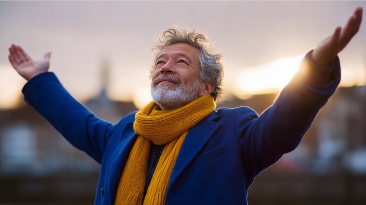 Un momento di gioia catturato: un uomo con le braccia tese che abbraccia la gioia della vita e il caldo bagliore del sole al tramonto, irradiando positività e gratitudine in uno splendido sfondo all'aperto