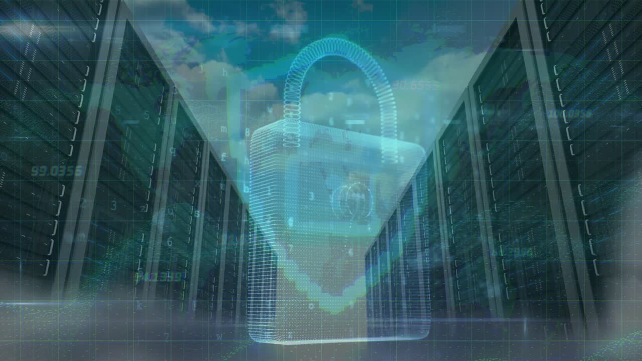 Animazione di elaborazione dati su un lucchetto e server.
