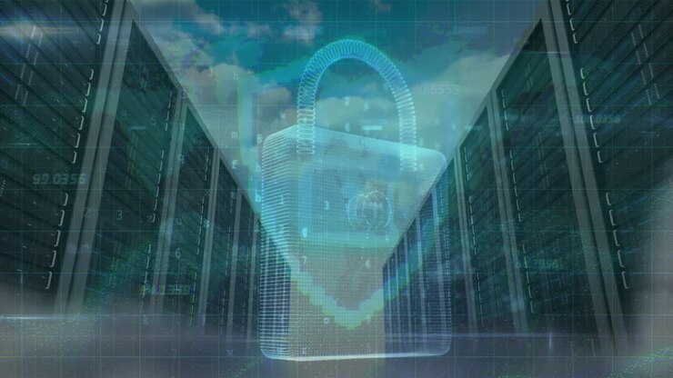 Animation of data processing over padlock and servers
