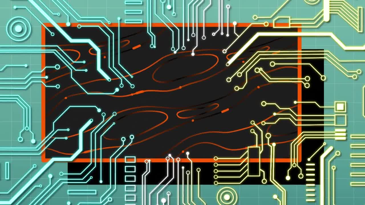 메시지 텍스트에 대한 직사각형의 추상적인 패턴 위에 회로 보드 패턴의 애니메이션