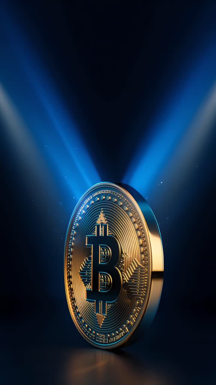 Animazione rotante di Bitcoin dorato su sfondo scuro, criptovaluta cinematografica 4K.