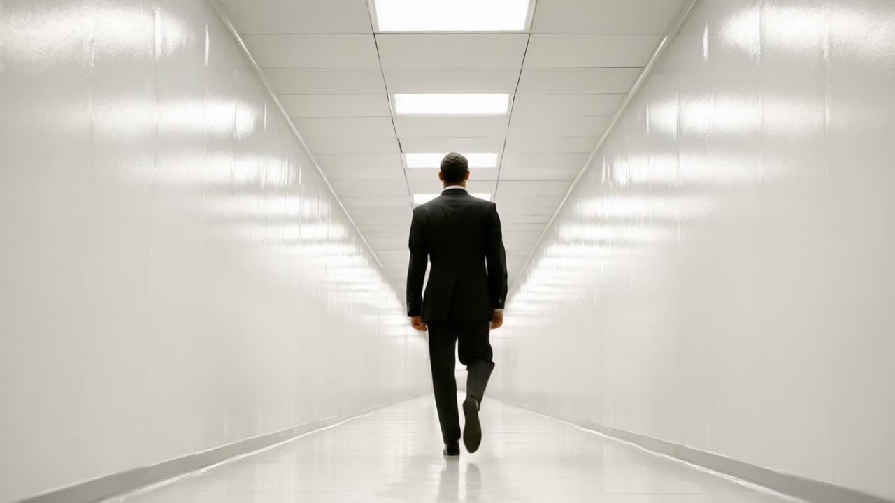 A solitary figure in a sleek suit walks down a long, pristine hallway, embodying themes of isolation, determination, and professionalism in an enigmatic environment
