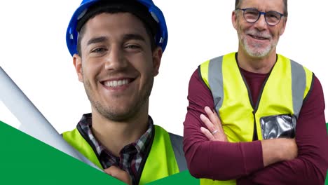 animación de un trabajador masculino caucásico mayor sonriente sobre un trabajador masculino caucásico con casco