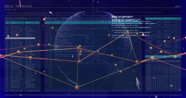 On data update pointcloud globe rotating as orange nodes rising, forming triad and showing network