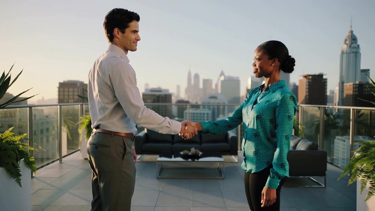Extending hand, woman and man shaking hands on rooftop terrace for greeting, in business attire