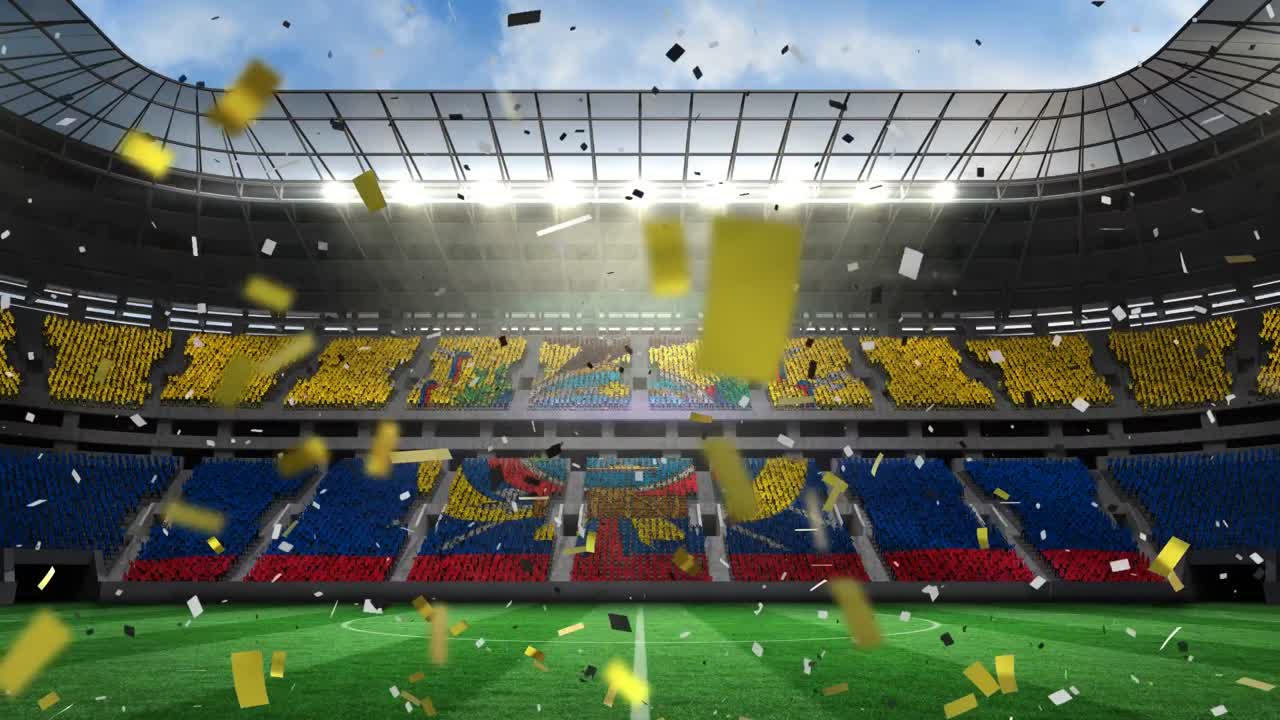 콜롬비아의 발이 있는 스포츠 경기장 위에 떨어지는 콘페티의 애니메이션